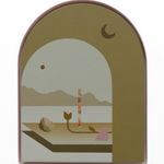 oating landscape, platform with flowers and rocks behind am arch tunnel.