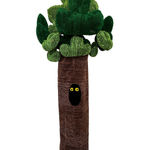 Thomas Martinez Pilnik - a yarn sculpture of a life size tree with a hole in the tree trunk, a pair of eyes staring from the tree hole