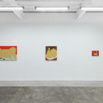 installation of Gina M. Contreras exhibition - white wall with three paintings of nude female figures. From left to right: "Rata De Dos Patas," "Las Babosas," and "Disillusioned Bonds."