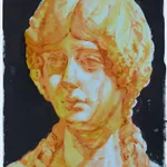 Painting by Rachel Gregor of a woman's bust in yellow against a black background