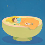 child sleepping on a bowl like shape with a blue sky and moon and the book the tiger came to tea