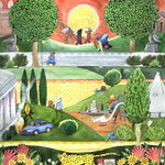 Painting on paper of green hills, trees, and animals on a playground