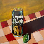 Painting of a Liquid Death can and a lime on a table with a checkered red and pink table clothe