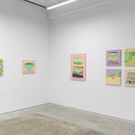 Install photo of Danym Kwon's "A Soft Day." From left to right, "Flower Study," "A Bowl of Loving Home," "Lean on Me," "Watching the Snow Softly Falling" (top), "Your First Snow" (bottom), "Listen Closely" (top), "With You I am Home" (bottom).