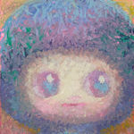 Painting of a face with a blueberry shaped hood on
