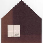 Drawing of a house silhouette with a window showing a person sleeping in a bed