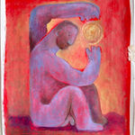 Carlos Rodriguez - painting on paper of a man sitting side ways. His left arm lifted over his head and the other leanign against his knee, in between his fists is the gleaming orb. The background is painted with vibrant red.