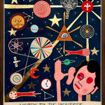 drawing by artist James Eddy depicting a person peering out a universe-related iconography