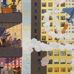 painting view of two apartments looking out at billowing smoke