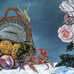 Tablescape painting of two black and white dogs on a table full of decadent food, including a basket of fruit with a grasshopper on it, a giant bouquet of flowers, a bowls of strawberries that has been know knocked over, a plate of giant shrimp, a bowl of whole fish and a white frosted cake that one of the dogs has walked into and gotten frosting all over the table.