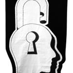 embroidered black and white banner of a padlock in the shape of a human head