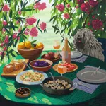 Pastel drawing of a table outside with plates of food on it and a white long haired dog