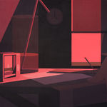 Still life painting of a desk with a small digital camera on top of it that is on and capturing the window the sun setting on it. There is also a cup with a straw on the table next to it and a piece of paper and an incense holder with an almost burned down incense. There is a hand touching the ledge of the desk. There are two windows with the curtains slightly lifted, letting in some faint light into the room. There is a clock on the wall between the windows.