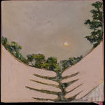 Painting of two hands with a landscape of trees and sky behji
