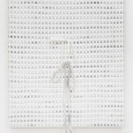 Didi Rojas woven painting of Clean and "dirty" lace weaving w 2 bows in the middle (one above the other)