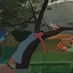 Painting of woman in blue dress laying across a brown tree trunk