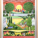 Painting on paper of green hills, trees, and animals on a playground