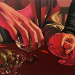 painting of people holding hands with a martini and bowl of olives also on the table