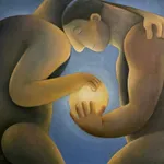 Carlos Rodriguez - painting of two nude men facing one another one hand holding the glowing ball in between them. They have their other hand around each other's shoulder. The background seems to be at night with dark shade of blue.