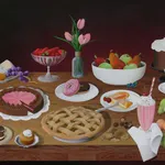 Casey Gray - Spray Painting of a table of baked sweets, fruits, and flowers in front of black background.