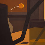 Left canvas, titled Juice, of the diptych Morning. There is a cup of a juice with a straw, a black kettle and a vase with an orange flower.