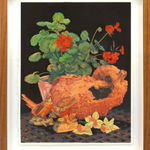 framed still life painting of a gourd with birds and flowers