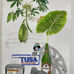 Framed painting of a white bucket and beer bottle with plants sticking out from them