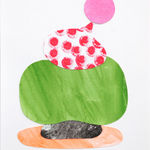 CHIAOZZA - paper collage of stacking abstract forms in pink, white with red spots, green, black, and orange on top of a green strip.