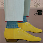 painting of a persons feet with yellow shoes on and dress pants with a dusty mauve background and a phone