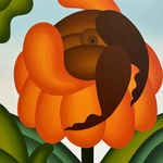 Painting of naked brown figure coming out of the center of an orange flower surrounded by greenery on a blue background