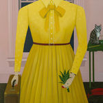 painting of a womans torso wearing a bight yellow bleated dress and holding a plant and a suitcase with a light pink room and cat behind her