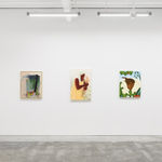 Installation view of The Jaunt: Winter Camp at Hashimoto Contemporary San Francisco. From left to right: Seonna Hong's painting "Investigations," Genevieve Cohn's painting "We Sow a Softness," and Bianca Nemelc's painting "Flower in Breeze."