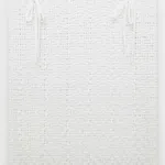 Didi Rojas woven painting of clean lace weaving w 2 bows at top, long laces