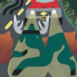 painting by Austin Elfio Montanari depicting a deer crossing the road before an oncoming red vehicle approaches with its high beams on