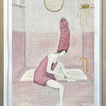 Painting of a woman in a towel sitting on the edge of a bathtub while clipping her unusually long toe nails