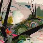 landscape painting with abstract and organic areas of paint applied with multiple figures lounging amongst the trees by Seonna Hong