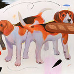 Matthew Kam - an acrylic painting of two dogs standing side by side, one holding a stick in its mouth and the other one has bread