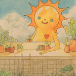 drawing of an anthropomorphic sun figure leaning its arm on a counter with plants