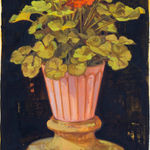painting of a decorative pot with red leafy flowers