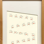 Framed drawing of a little girl in a red striped shirt running in a zig zag shape