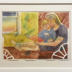 Framed painting on paper of a woman reading a book to a child while they sit on a bed