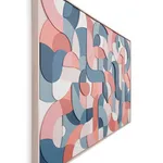 Side view of a framed multicolor wood relief sculptural piece made up of spiral shapes and curves by artist Scott Albrecht