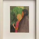 Drawing of two women's profiles as they stand in front of green trees in white frame