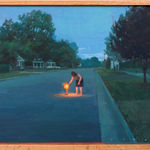 Painting of a person in the middle of a street lighting a firework
