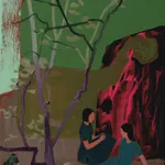 Painting of two women in green dresses sitting in a forest