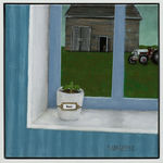 Painting in a black frame of a potted plant on a windowsill looking out to a tractor and barn
