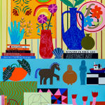 Still live painting of an interior with several knickknacks on a blue shelf with plants and candle holders. There is a yellow striped wall in the background with paintings of flowers.