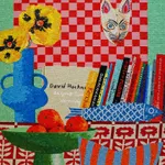 Mosaic still life of an interior with several stacked books, a blue vase with yellow flowers, a green bowls filled with oranges and a cat mask hanging on a pink and red checkered wall.