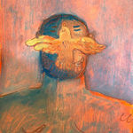 Carlos Rodriguez- painting on paper of a man, head shot framed. A white bird flying upwards, covering up the figure's nose and mouth.