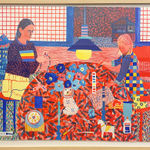 Framed red, blue, and yellow painting of two girls sitting at a table making crafts.